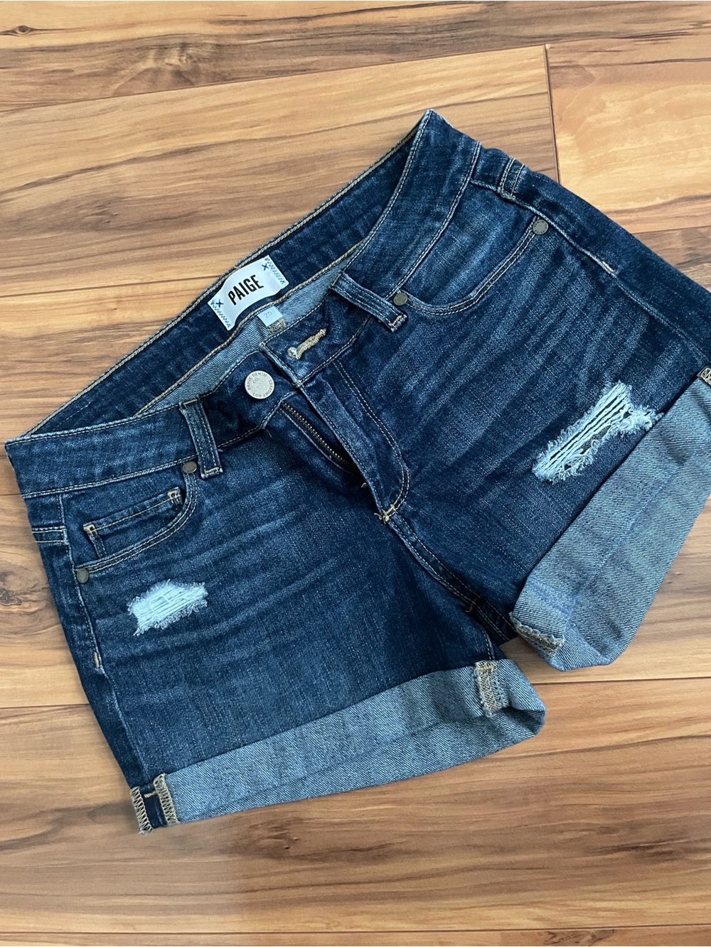 PAIGE Jimmy Jimmy Dark Indigo Distressed Rolled Hem Jean Shorts 25